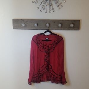 Vintage Studio 1940 Red Blouse with Black Lace Trim SZ 18/20